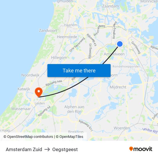 Amsterdam Zuid to Oegstgeest map