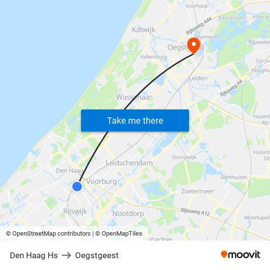 Den Haag Hs to Oegstgeest map
