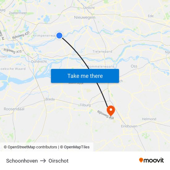 Schoonhoven to Oirschot map