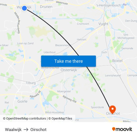 Waalwijk to Oirschot map