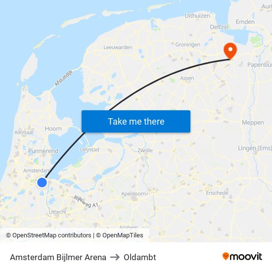 Amsterdam Bijlmer Arena to Oldambt map