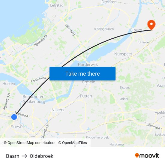 Baarn to Oldebroek map
