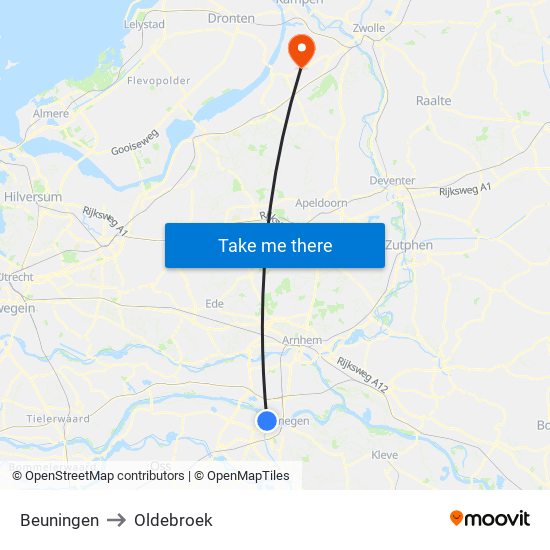 Beuningen to Oldebroek map