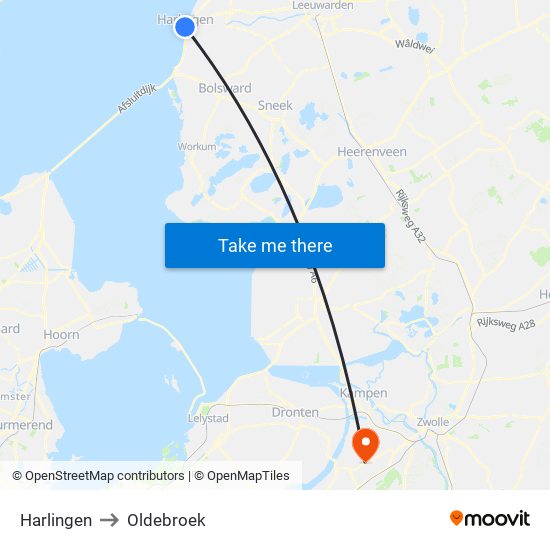 Harlingen to Oldebroek map
