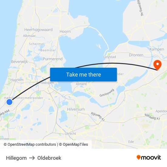 Hillegom to Oldebroek map