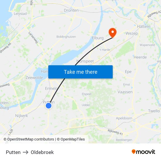 Putten to Oldebroek map