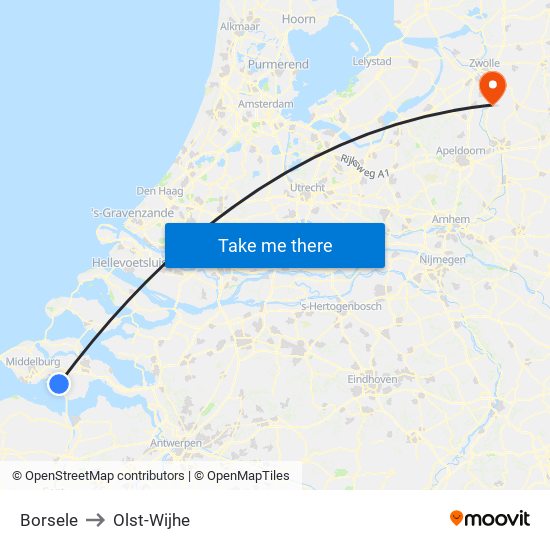 Borsele to Olst-Wijhe map