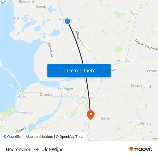 Heerenveen to Olst-Wijhe map