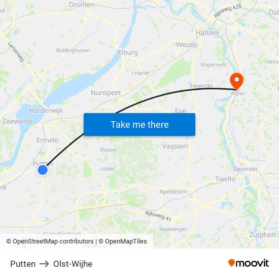 Putten to Olst-Wijhe map