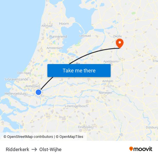 Ridderkerk to Olst-Wijhe map