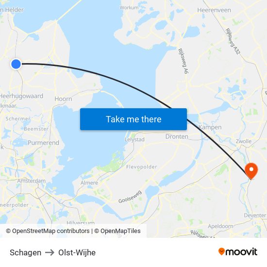 Schagen to Olst-Wijhe map