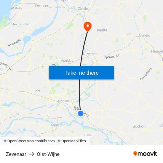 Zevenaar to Olst-Wijhe map