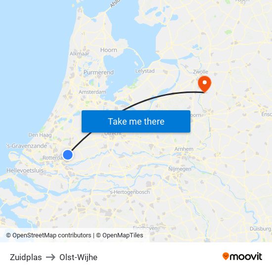 Zuidplas to Olst-Wijhe map