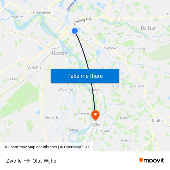 Zwolle to Olst-Wijhe map