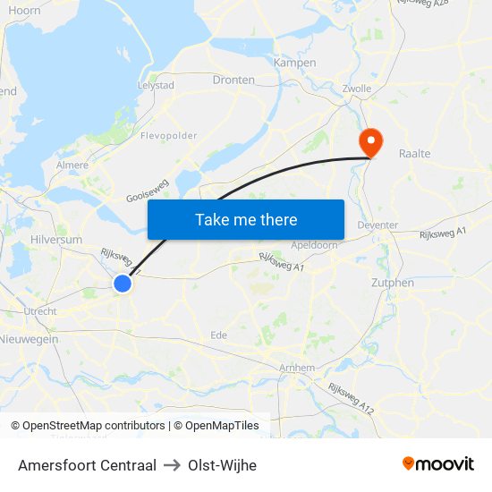 Amersfoort Centraal to Olst-Wijhe map