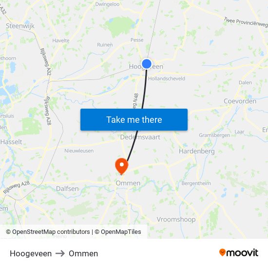 Hoogeveen to Ommen map