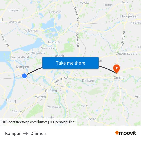 Kampen to Ommen map