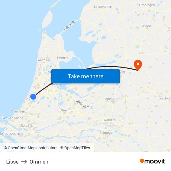 Lisse to Ommen map
