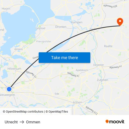 Utrecht to Ommen map