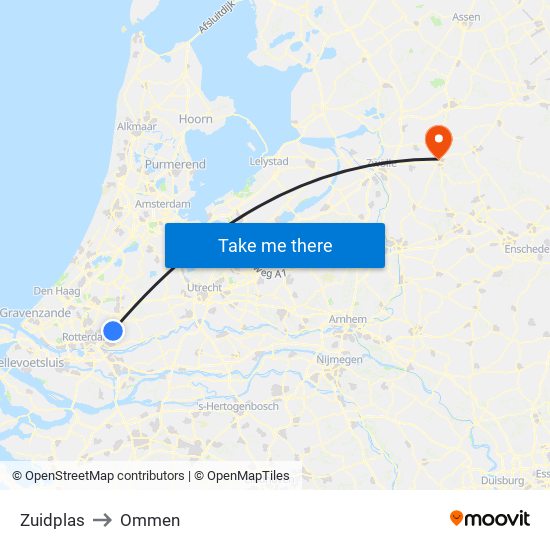 Zuidplas to Ommen map