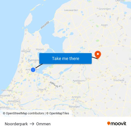 Noorderpark to Ommen map