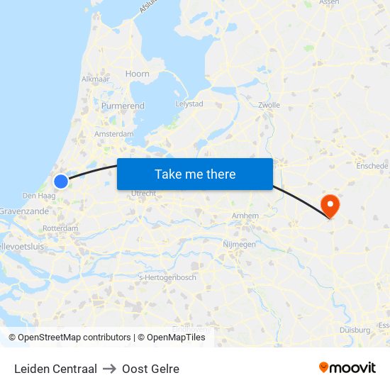 Leiden Centraal to Oost Gelre map