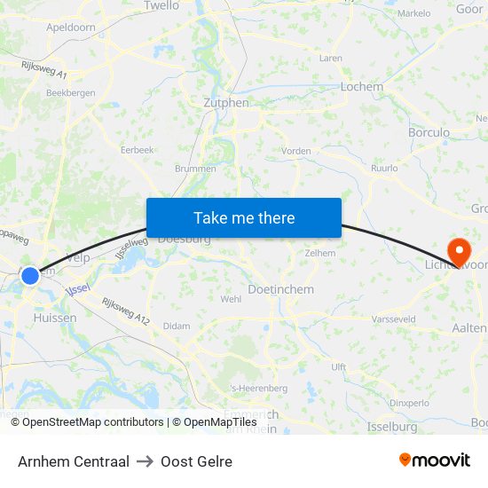 Arnhem Centraal to Oost Gelre map