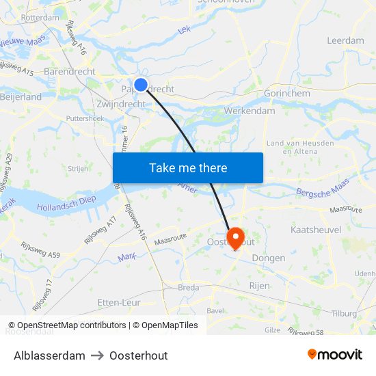 Alblasserdam to Oosterhout map