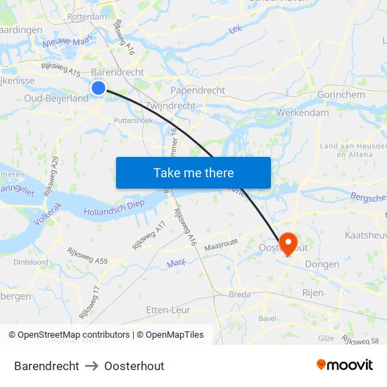 Barendrecht to Oosterhout map