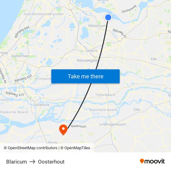 Blaricum to Oosterhout map