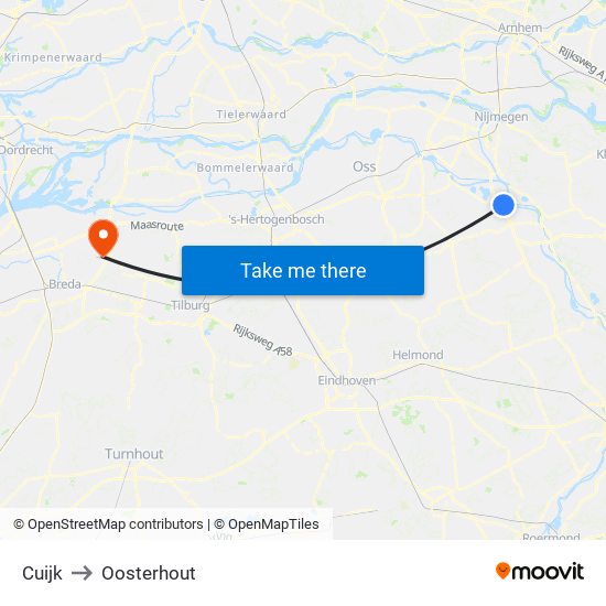 Cuijk to Oosterhout map