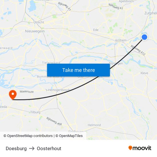 Doesburg to Oosterhout map