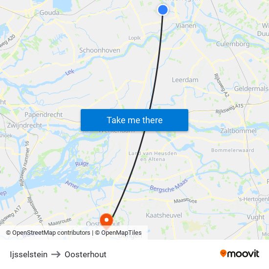 Ijsselstein to Oosterhout map