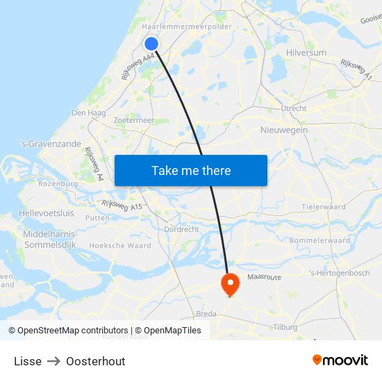 Lisse to Oosterhout map