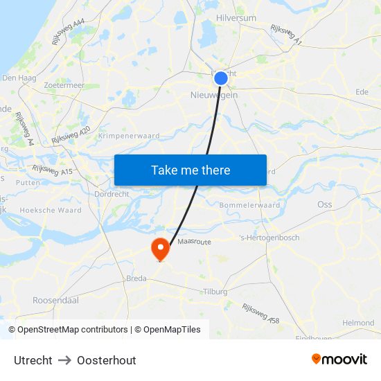 Utrecht to Oosterhout map