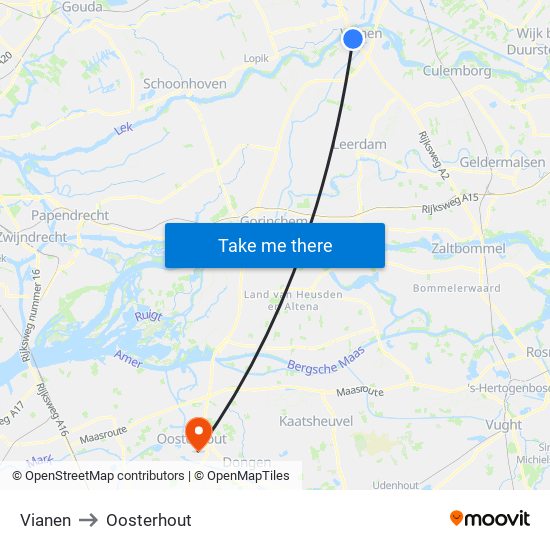 Vianen to Oosterhout map