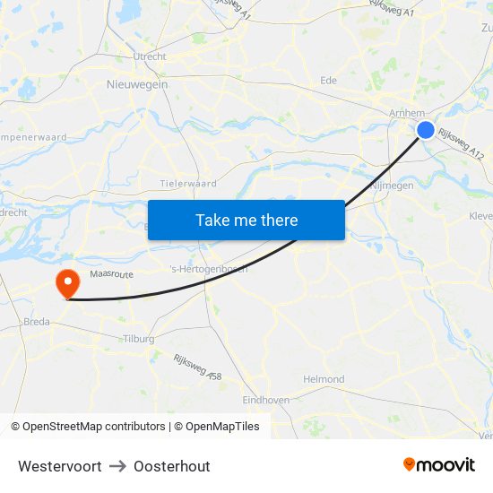 Westervoort to Oosterhout map