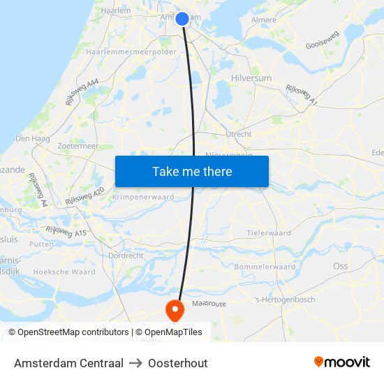 Amsterdam Centraal to Oosterhout map