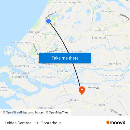 Leiden Centraal to Oosterhout map