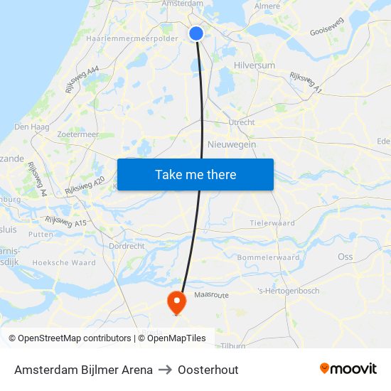 Amsterdam Bijlmer Arena to Oosterhout map