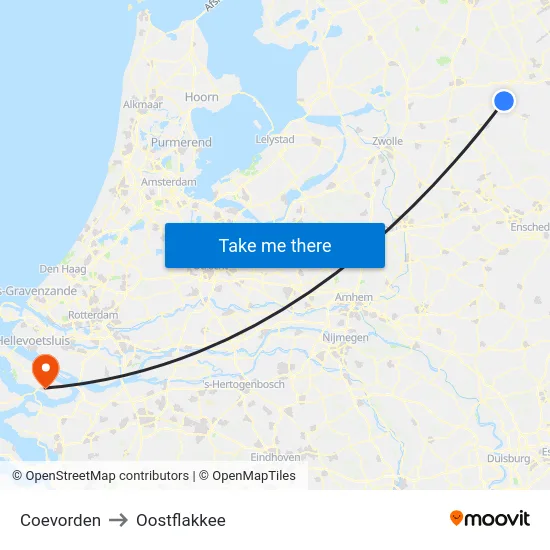 Coevorden to Oostflakkee map