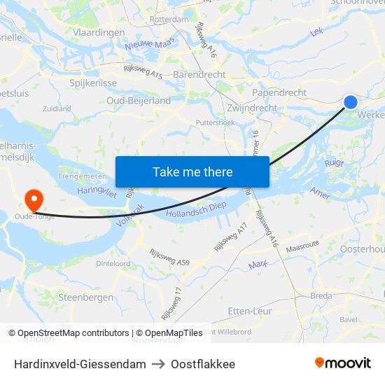 Hardinxveld-Giessendam to Oostflakkee map