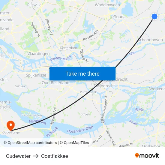 Oudewater to Oostflakkee map