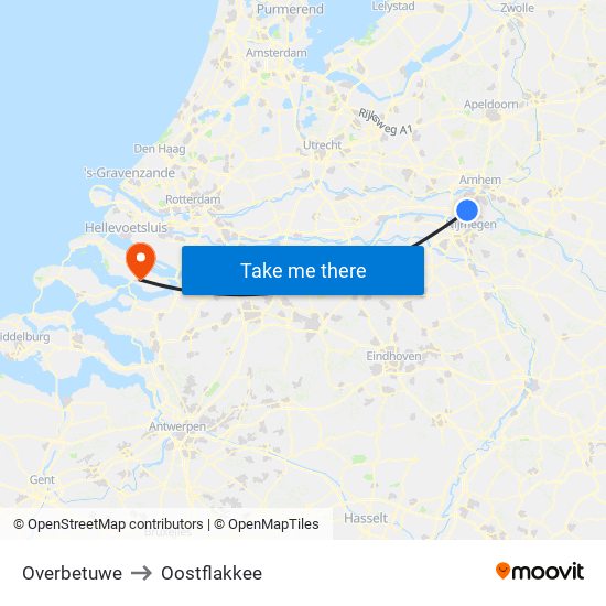 Overbetuwe to Oostflakkee map