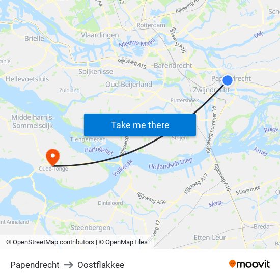 Papendrecht to Oostflakkee map