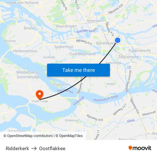 Ridderkerk to Oostflakkee map