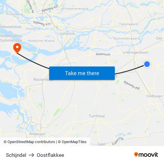 Schijndel to Oostflakkee map