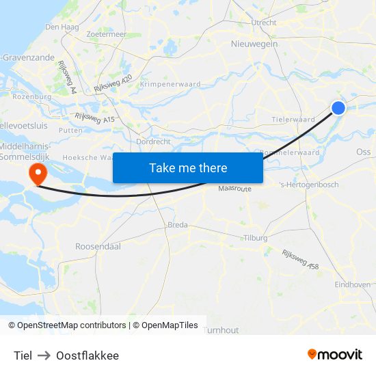 Tiel to Oostflakkee map