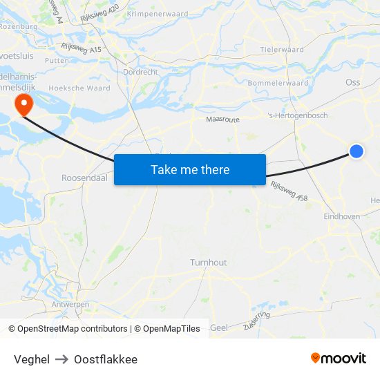 Veghel to Oostflakkee map