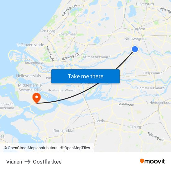 Vianen to Oostflakkee map